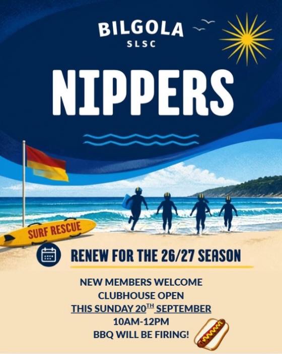 Nippers rego’s are now open for summer ☀️

Register online, or come down to the Bilgola clubhouse this Sunday from 10am–12pm.

New members are very welcome - come meet us, ask questions and enjoy a sausage sizzle on us! 🌭

We can’t wait for another brilliant season on the beach! 💙💛