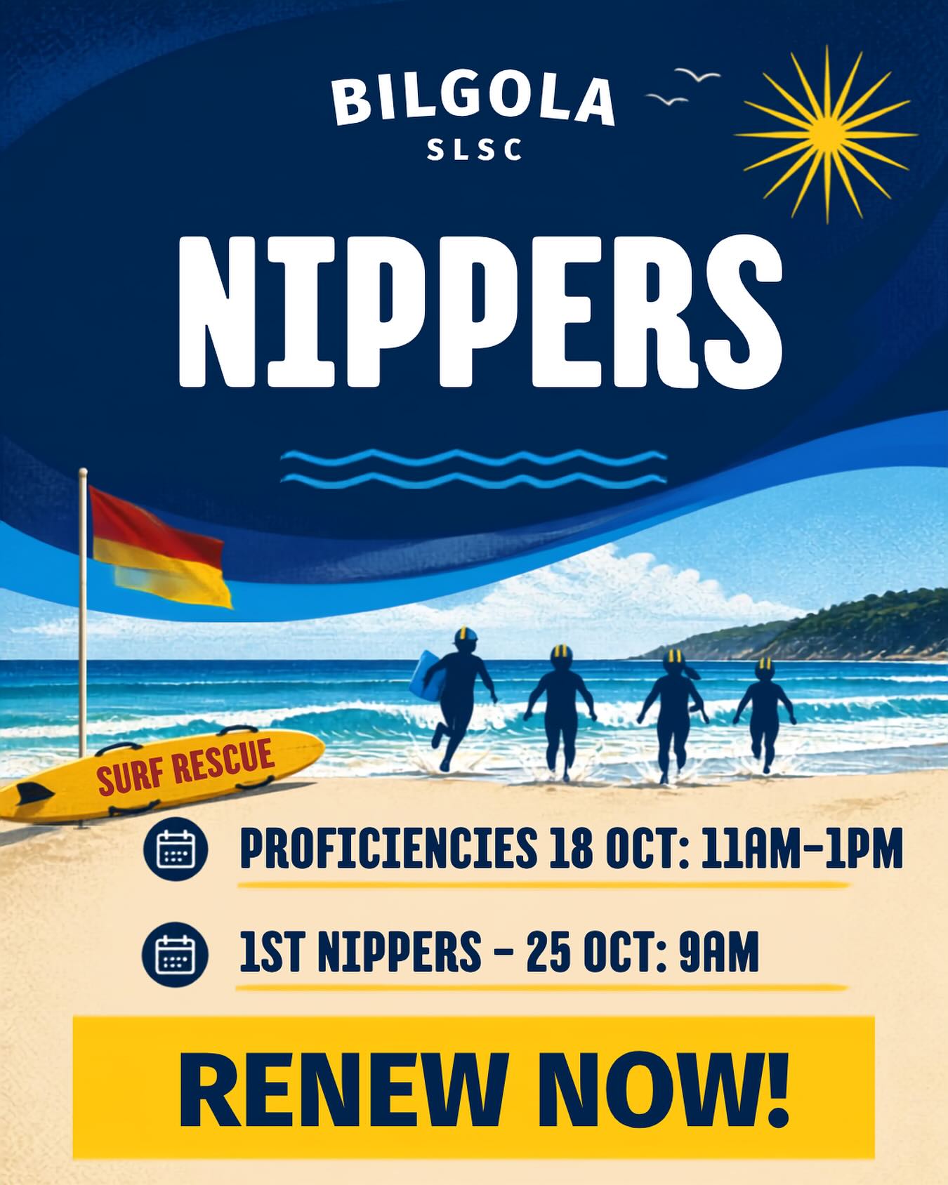☀️🙌 N I P P E R S 🙌☀️

Parent Checklist:

Registered or Renewed ✅
Via the SLS Hub https://hub.sls.com.au/

In the Age Group WhatsApp chat ✅
All comms are via the chat - get on it

Uniform is present & accounted for ✅
Rashie & Age Group cap 
Purchase here: https://bilgola-slc.myshopify.com/

Parent drinks & info night in the diary ✅
Thursday 22 Oct @ 6.30pm at the Club

See you at the pool between 11am-1pm on the 18th (specific timings for your age group will be communicated via WhatsApp) & at 9am for the 1st Nippers session on the 25th.

Questions? Email Anna club.coordinator@bilgolalslsc.org.au

It’s shaping up to be a fantastic season ahead - we can’t wait to see the swarms of happy, noisy & yellow clad Nippers on the beach. See you soon!
